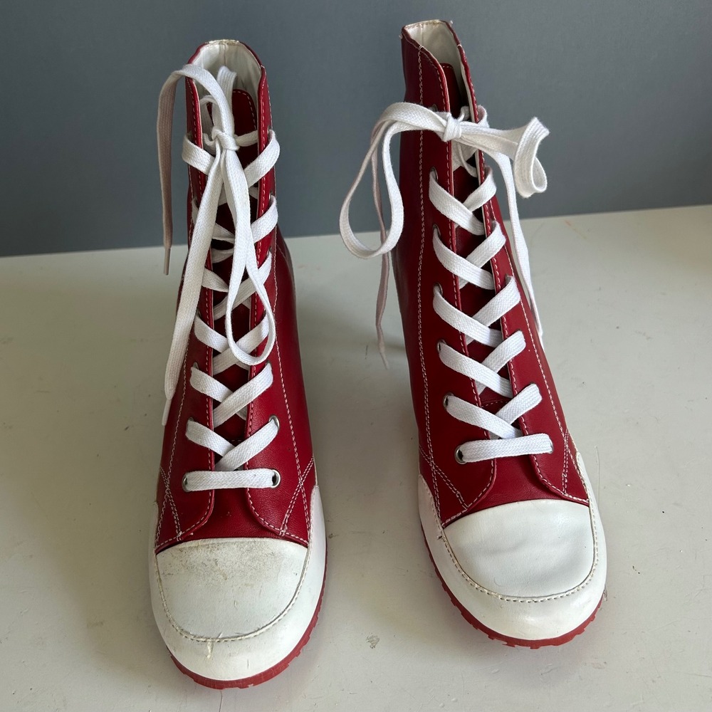 Y2K Steve Madden Kitten Heel High tops size 8.5 Red Leather Boots Streetwear - Picture 6 of 13